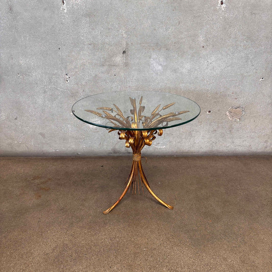 Vintage Italian Hollywood Regency Tole Gilded Iron Base Table w/ Glass Top
