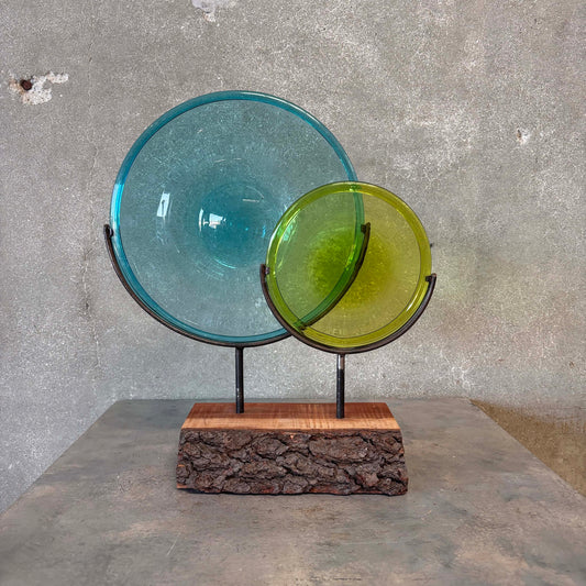 Blown Glass Disc Sculpture on Redwood