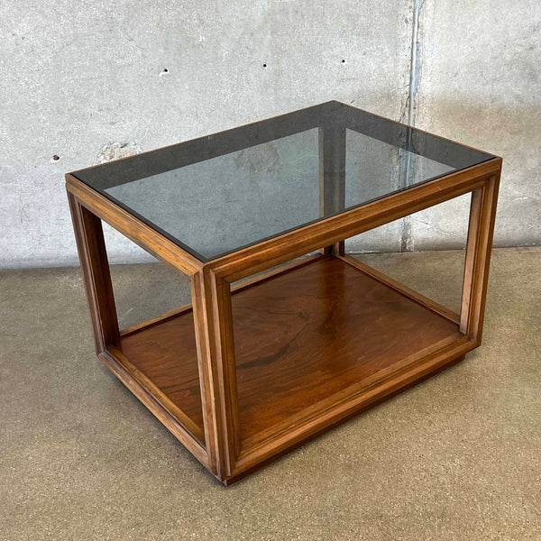 Mid Century Modern Walnut End Table With Smoked Glass Top