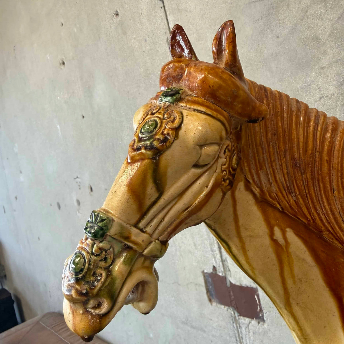 Brady Bunch Style Tang Dynasty Sancai Ceramic 27" Tall Horse