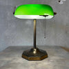 Vintage Green Glass Bankers Table Lamp w/ Brass Base
