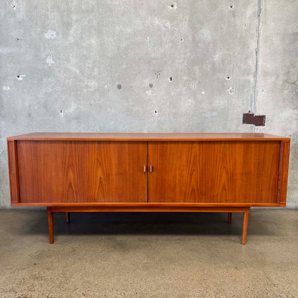 Peter Louig Mid Century Wooden Teak Tambour Door Credenza