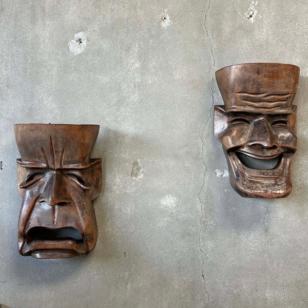 Vintage Set of Oversized Wooden Comedy & Tragedy Masks C.1960s