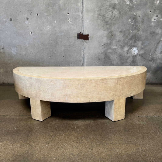 Vintage Post Modern Half Moon Beige Wood & Travertine Coffee Table