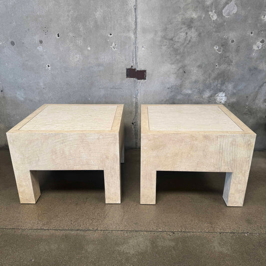 Pair of Vintage Beige Wood & Travertine Side Tables