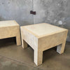 Pair of Vintage Beige Wood & Travertine Side Tables