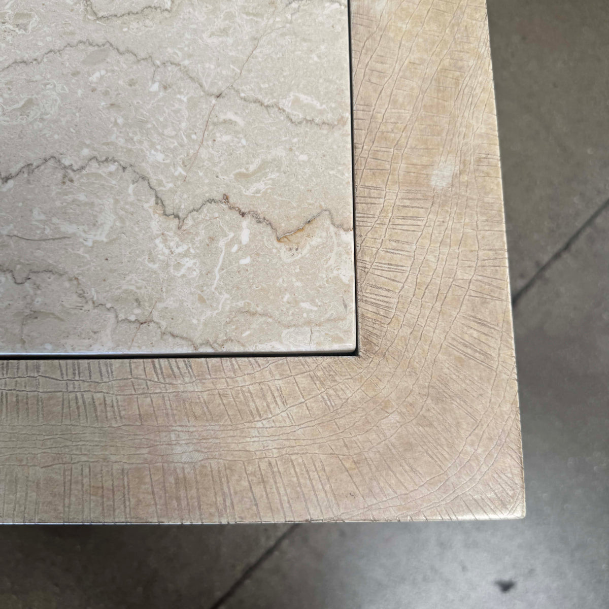 Pair of Vintage Beige Wood & Travertine Side Tables