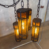 Mid Century Spanish Revival/Gothic Four-Arm Iron & Amber Glass Plug-In Chandelier