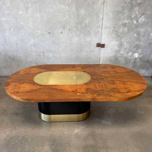 Mid Century Burl & Brass Dining Table (One Leaf)
