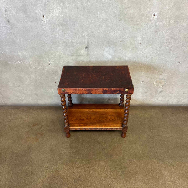 Vintage 20th Century Leather Wrapped Hand Tooled Barley Twist Peruvian Signed End Table