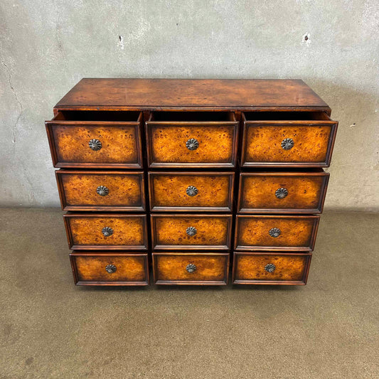 Vintage Burl Wood 12 Drawer Cabinet w/ Brass Knobs & Handles