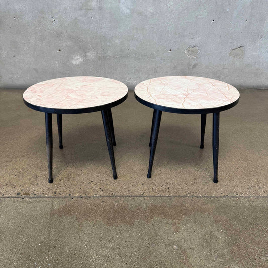 Mid Century Pair Of Round End Tables (Faux Pink Marble, Metal Legs)