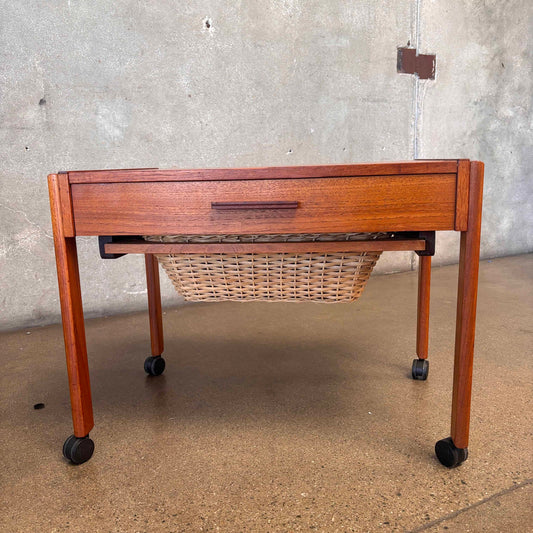 MCM Danish Teak Sewing Side Table w/ Slide Out Woven Rattan Basket