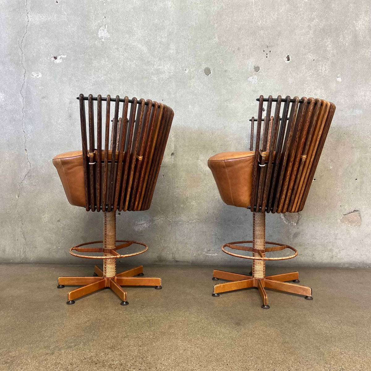 Pair of Vintage Pacific Green "Tavarua" Barstools - Palmwood & Leather