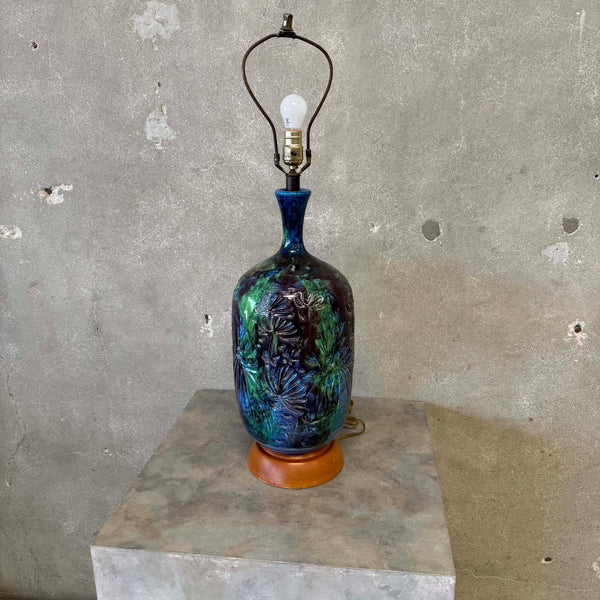 Mid Century Modern Monumental Blue Green Floral Etched Table Lamp Product Image