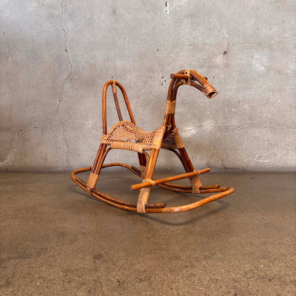 Mid Century Modern Franco Albine Style Rattan & Bamboo Rocking Horse C. 1960s Product Image