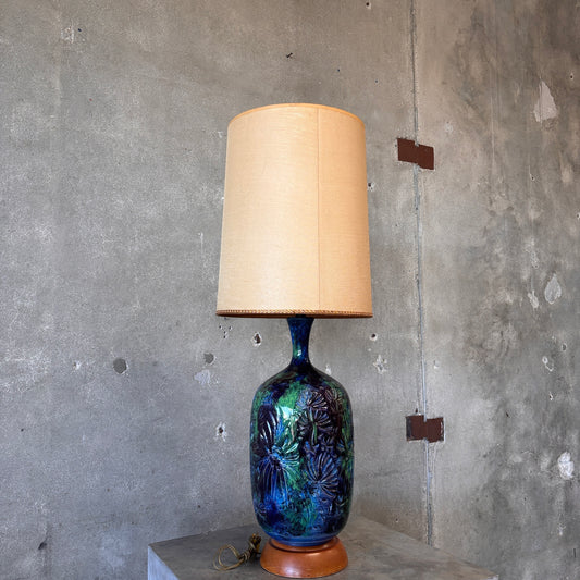 Mid Century Modern Monumental Blue Green Floral Etched Table Lamp