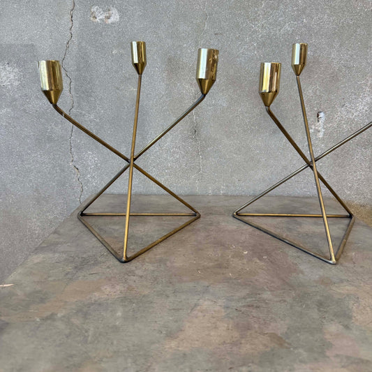 Pair of Mid Century Modern Brutalist Brass Candle Holders