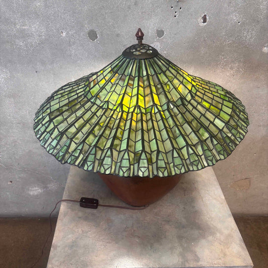 Thomas Studios Hand Hammerer Copper Lamp With Tiffany Styles Lotus Leaf Lampshade