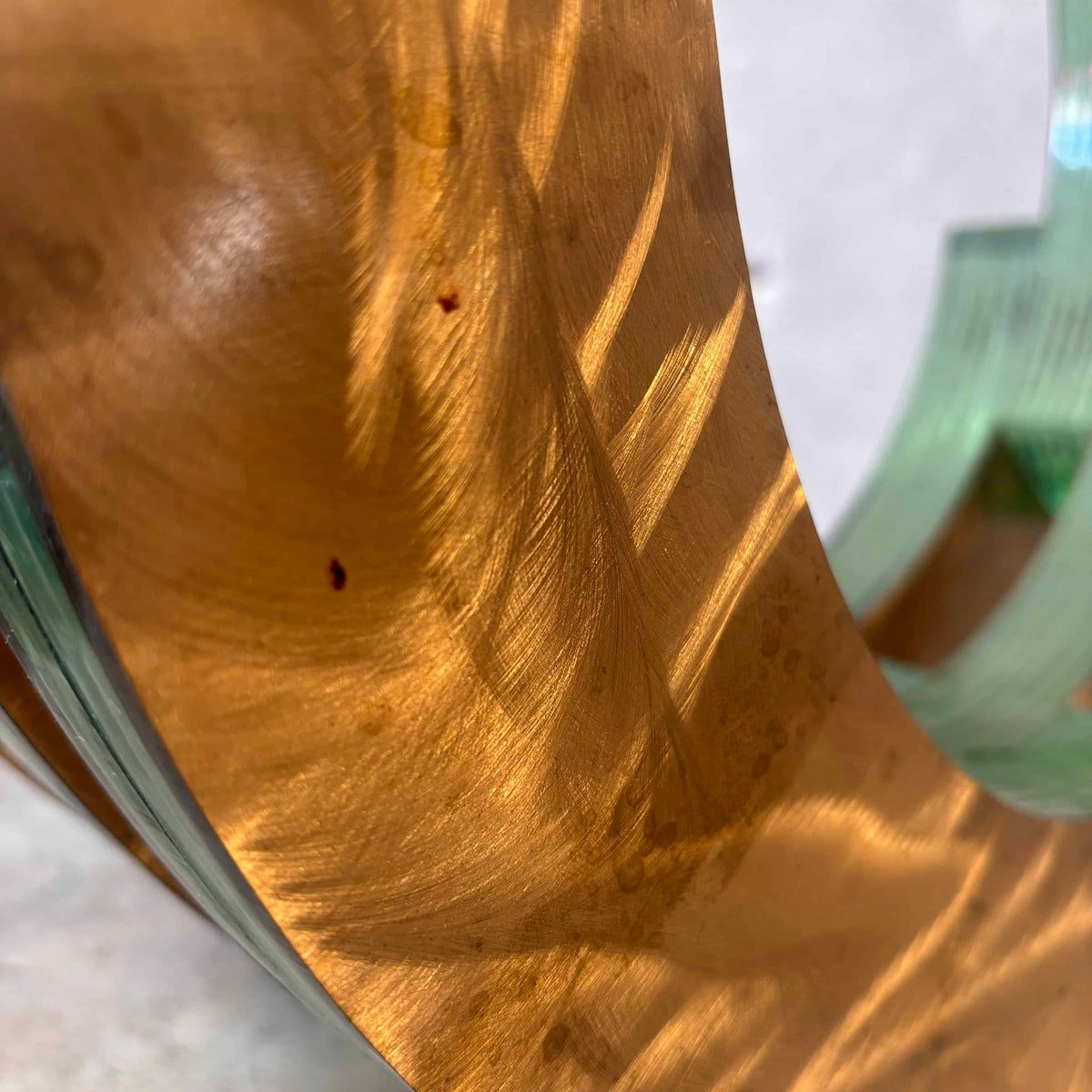Post Modernist Green Glass + Textured Brass Sculpture