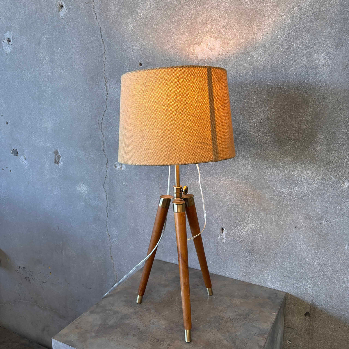 Mid Century Modern Tripod Wood & Brass Table Lamps