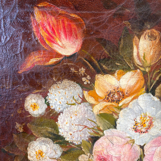 19th Century Flower Still Life Oil Painting on Linen