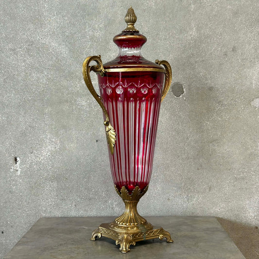 Antique Ruby Red Cut Crystal Urn/Vase Bronze