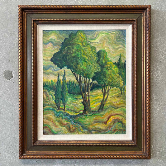 Vintage Signed Oil Painting Landscape in Wood Frame on Board, Signed A.V.D. Bossche