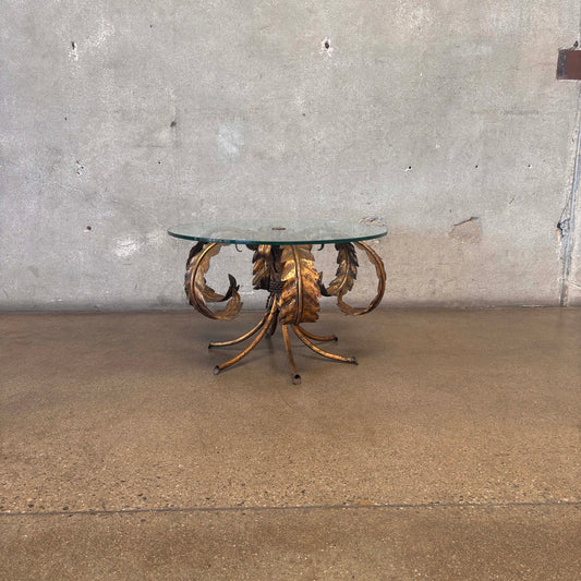 Vintage Hollywood Regency Tole Side Table With Iron Base & Glass Top #1