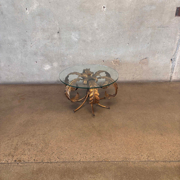 Vintage Hollywood Regency Tole Side Table With Iron Base & Glass Top #1