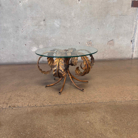 Vintage Hollywood Regency Tole Side Table With Iron Base & Glass Top #2