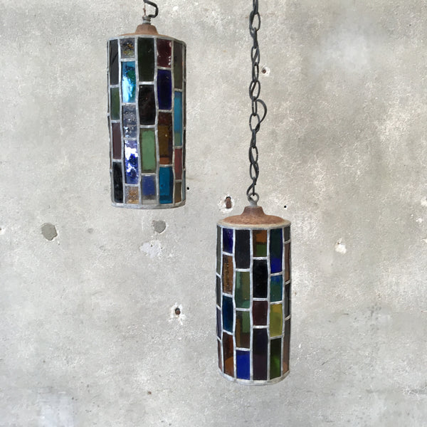 Mid Century Leaded Glass Swag Lamps