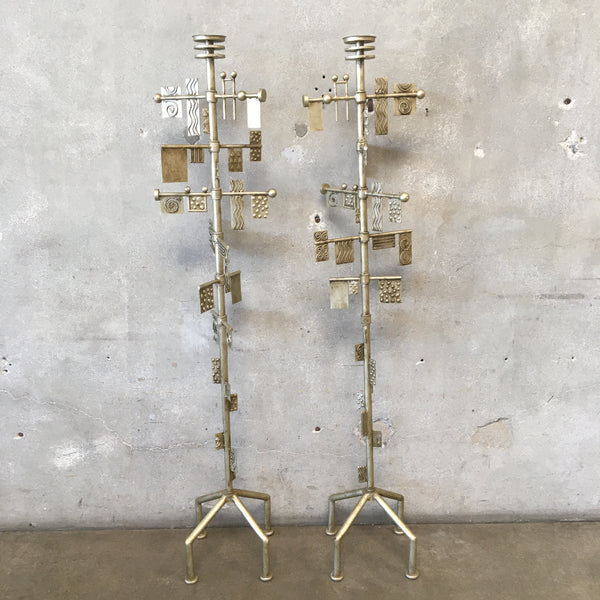 Mid Century Brutalist Metal Sculpted Candle Stands