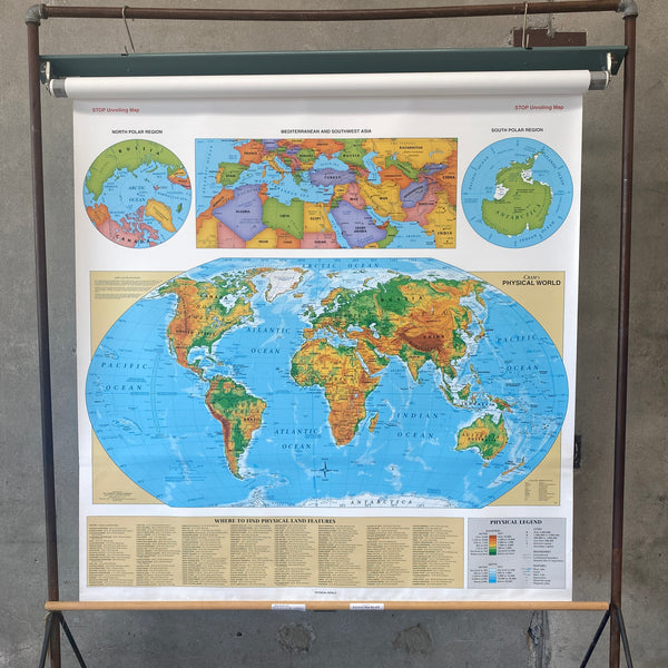 Vintage Hanging World School Map with 8 Maps