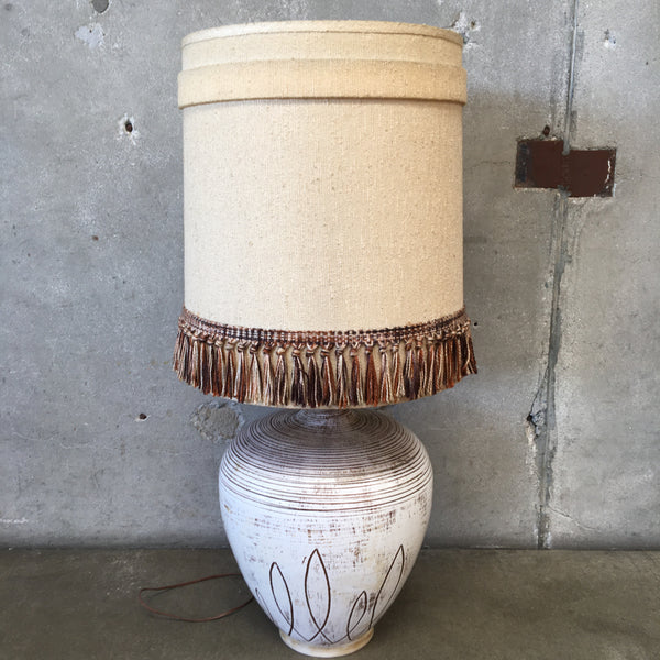 Large Vintage Ceramic Table Lamp With Earth-Tone Fringe Shade