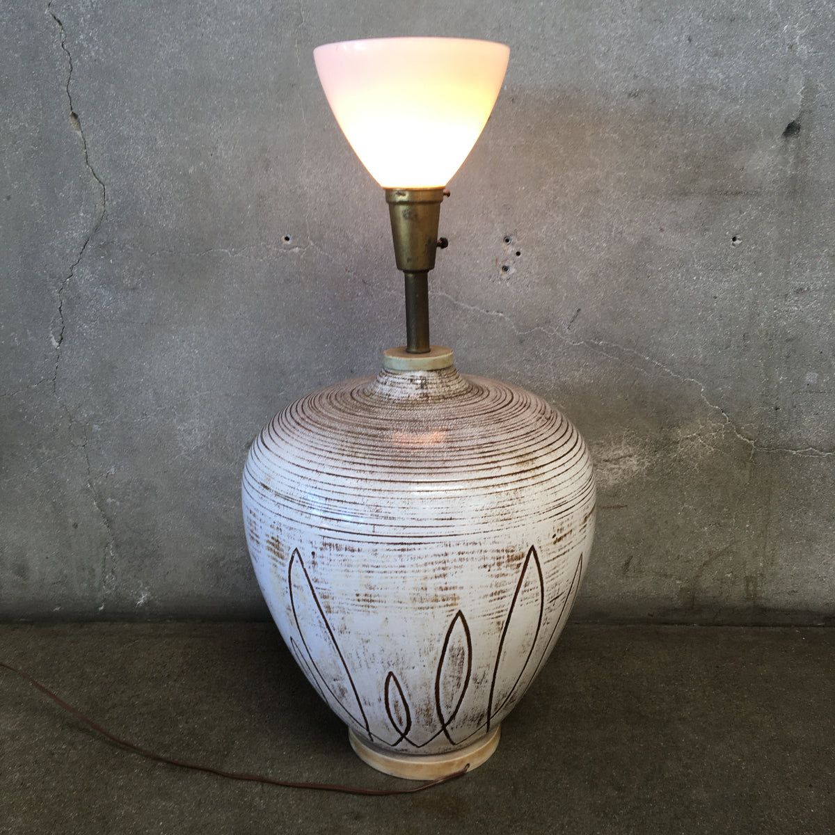 Large Vintage Ceramic Table Lamp With Earth-Tone Fringe Shade