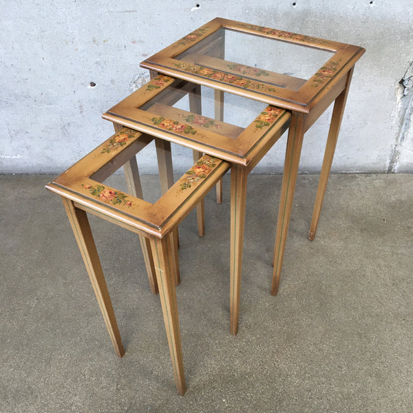 Set Of Three Vintage French Nesting Tables With Glass Insert