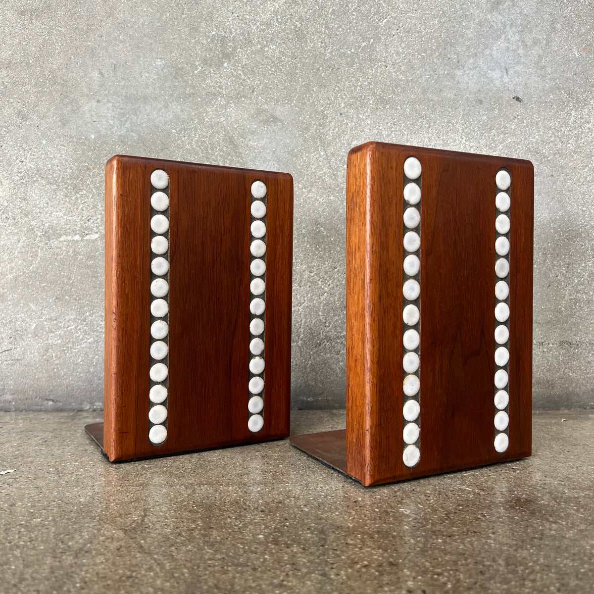 Vintage Mid Century Walnut & Tile Book Ends