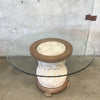 Indoor Outdoor Round Stone and Wood Table With Beveled Glass Top