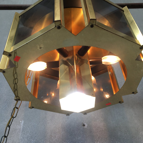 Mid Century Fredrick Ramona Brass & Smoked Glass Hexagonal Chandelier