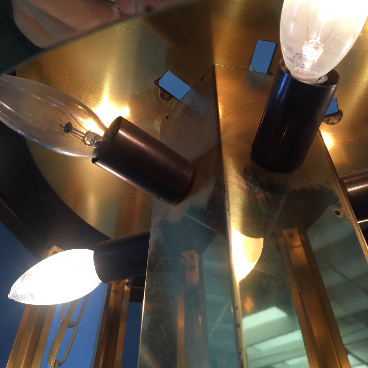 Mid Century Fredrick Ramona Brass & Smoked Glass Hexagonal Chandelier