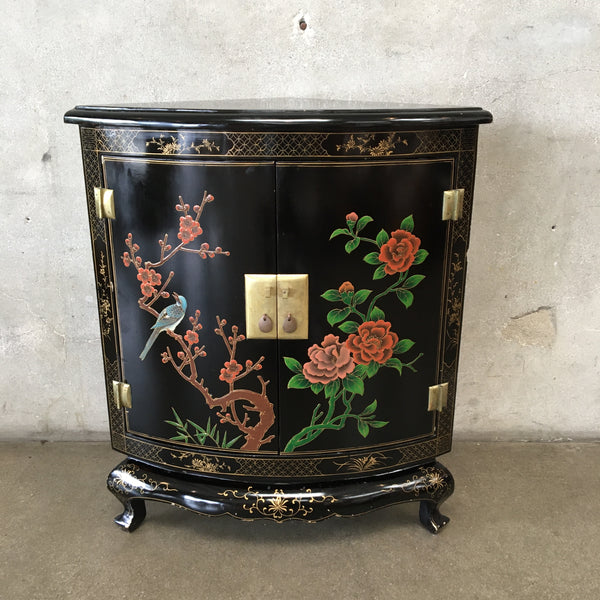 1950's Vintage Eastern Asian Hand-Painted Black Lacquer Corner Cabinet