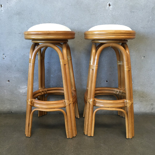 Pair Of Vintage Bamboo Rattan Cream Barstools