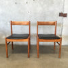 Two Teak & Leather Side Chairs With Sculpted Back Rest