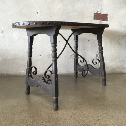 Monterey Furniture Oval Console Table w/Iron Stretchers & Leather Top