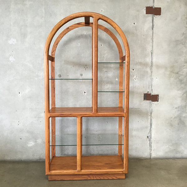 1980's Rounded Top Oak Etegere With Glass Shelves