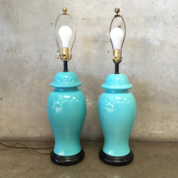 Vintage Vibrant Pastel Turquoise Ceramic Table Console Lamps