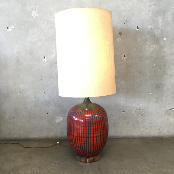 Large Mid Century Modern Pottery Lamp With Huge Shade