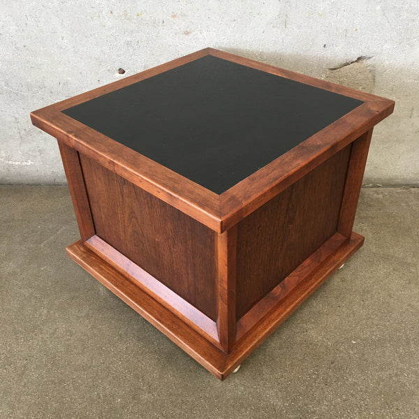Mid Century Walnut With Lather Top Side Table On Casters