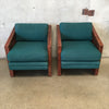 Pair of Rare Art Deco Leather with Green Fabric Cube Lounge Chairs
